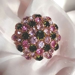 Vintage 50s 60s brooch pin PINK GREEN rhinestone round gold mcm glam AUSTRIA